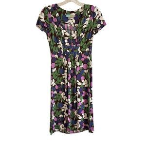 Boden Brown Floral Short Sleeve Dress Viscose Purple Blue Green Flowers Size 2